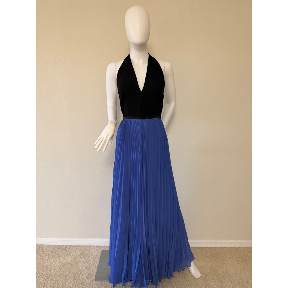 Halston Heritage Periwinkle‎ Black Pleated Halter Maxi Gown Dress Size 12 New